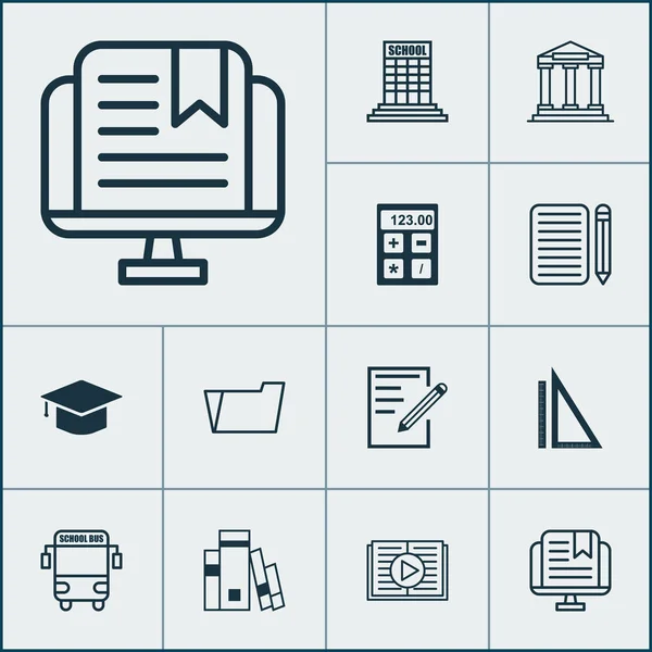 Education icons set with measurement, library, document case and other e-study  elements. Isolated vector illustration education icons. — Stock Vector