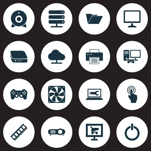 Icônes Gadget ensemble avec dossier, arbre, ordinateur gamer et autres éléments de la machine d'impression. Isolé vectoriel icônes d'illustration gadget . — Image vectorielle