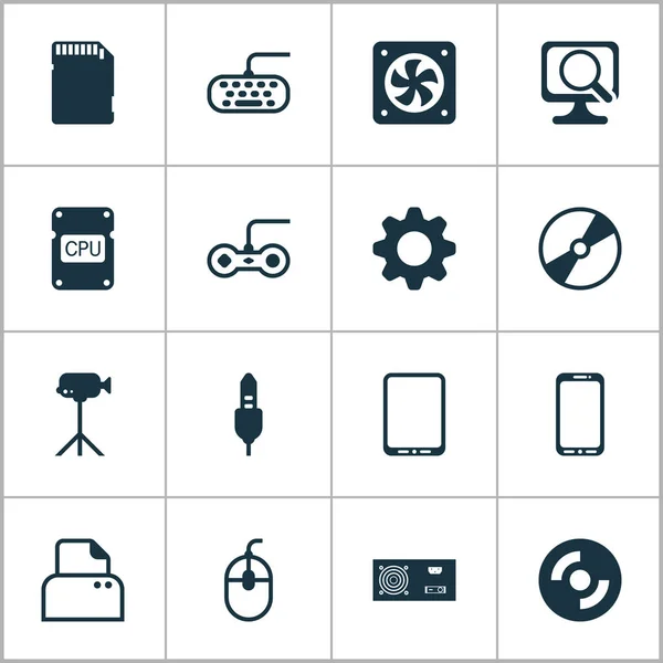 Dator ikoner set med arkivera avsökare, kontroll enhet, mobiltelefon och andra joystick element. Isolerade vektor illustration dator ikoner. — Stock vektor