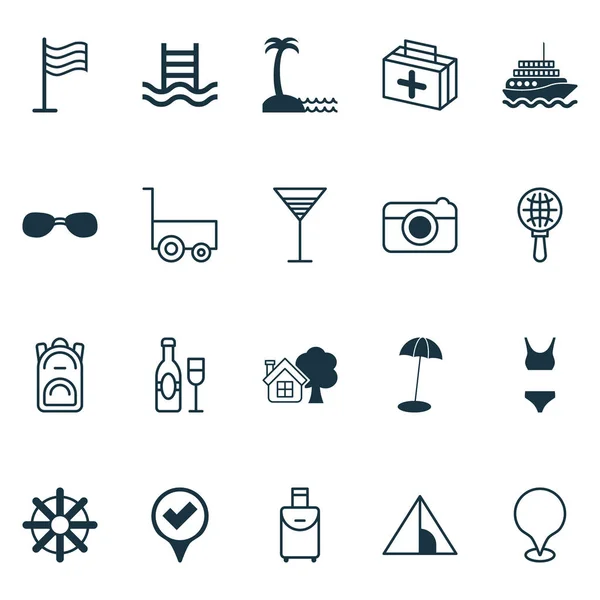 Toerisme pictogrammen instellen met de jacht, camping house, stuurwiel en andere eiland strand elementen. Geïsoleerde vector illustratie toerisme pictogrammen. — Stockvector
