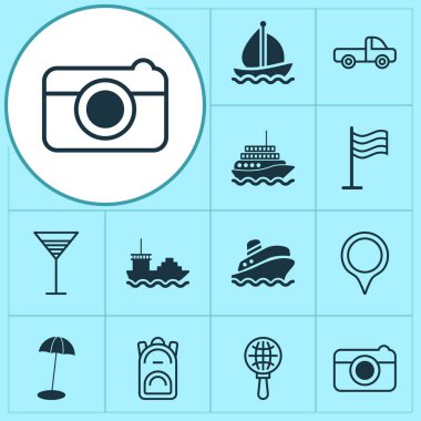 Turizm simgeler kargo tekne, Küre arama, aperatif ve diğer aperatif öğeleri ile ayarlayın. İzole vektör çizim turizm simgeler.