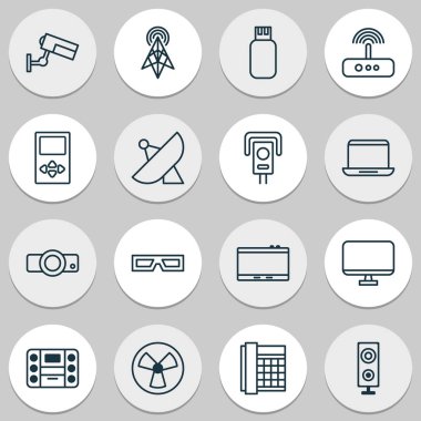 Aygıt simgelerini usb, monitör, kablosuz yönlendirici ve diğer sunum elemanları ile ayarlayın. İzole vektör çizim aygıt simgeleri.