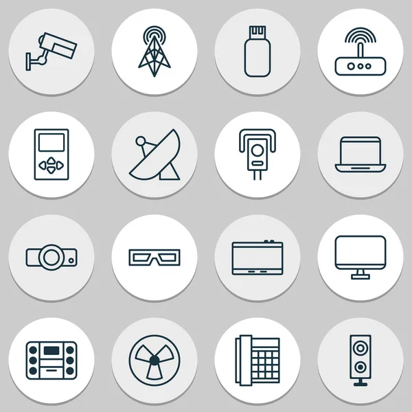 Iconos del dispositivo con usb, monitor, router inalámbrico y otros elementos de presentación. Iconos de dispositivo de ilustración vectorial aislado . — Vector de stock