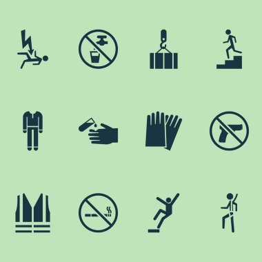 Emanet Icons set ile düşme tehlikesi, hiçbir silah, risk ve diğer cankurtaran öğeleri ile. İzole vektör çizim Emanet simgeler.