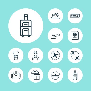 Uçak kalkış, Havaalanı kartı, Bagaj ve diğer sinek öğelerin etrafında Havaalanı Icons set. İzole vektör çizim Havaalanı simgeler.