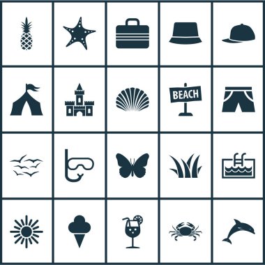 Sezon simgeleri ile Krallık, güneşli, deniz yıldızı ve diğer kabuklu öğeleri ayarlayın. İzole vektör çizim sezon simgeler.