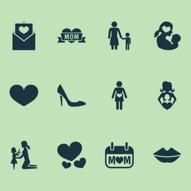 Anneler günü simgesi tasarım konsepti. Tatil, dadı ve kalp 12 gibi öğeleri kümesi. Gebelik, kızı ve gün için güzel sembolleri.