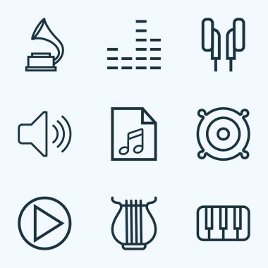 Multimedya simgeler stil soundtrack, ses düzeyi, hatip ve diğer anahtar öğeleri kümesi satır. İzole vektör çizim Multimedya simgeler.