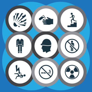 Koruma simgeler üniforma, şapkalar, bomba ve diğer şapkalar öğeleri ile ayarlayın. İzole vektör illüstrasyon koruma simgeler.