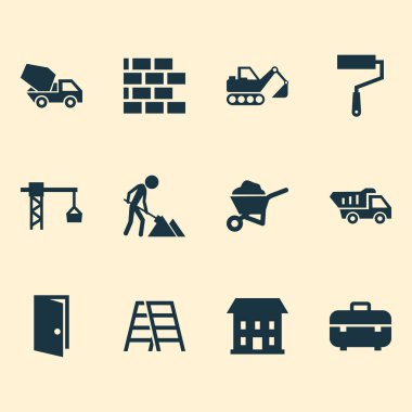 Mimari simgeler ekipman, kazıcı, ev ve diğer giriş öğeleri ile ayarlayın. İzole vektör çizim mimari simgeler.