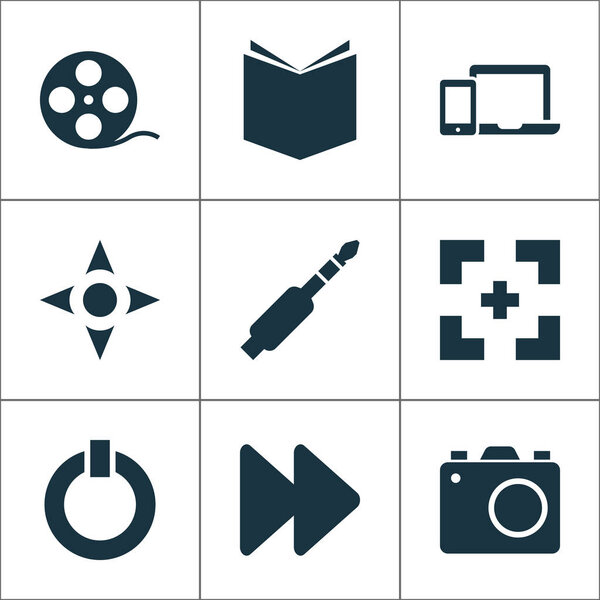 Media icons set with next, power, devices and other arrow elements. Isolated vector illustration media icons.