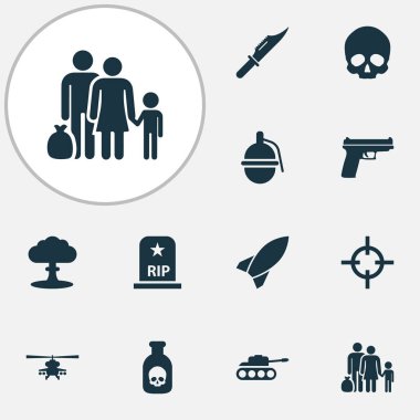 RIP, füze, kaçak ve diğer hedef öğeleri ile mücadele Icons set. İzole vektör çizim mücadele simgeler.