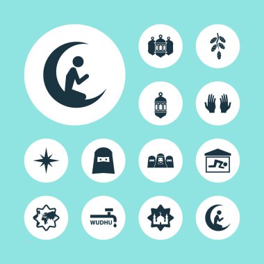 Moon, fener, Müslüman ve diğer adam ay elemanları ile olan adam ile din Icons set. İzole vektör çizim din simgeler.