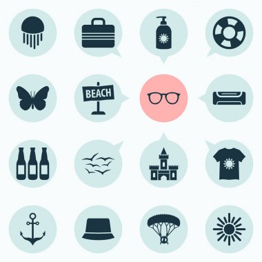 Sun set simgeleri İngiltere, paraşütle atlama, hükümdar ve diğer medusa öğeleri ile. İzole vektör çizim güneş simgeler.