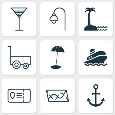 Gezi erişim ile turizm Icons set, aperatif, yük arabası ve diğer gemi öğeleri kanca. İzole vektör çizim turizm simgeler.