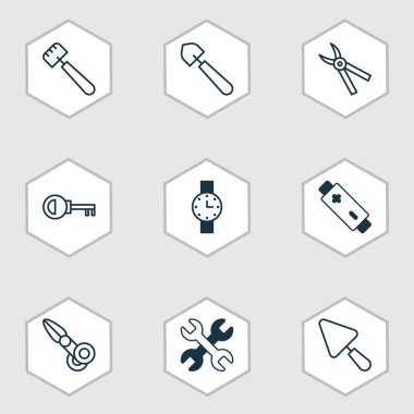 Aparatı Icons set makasları, zamanlayıcı, alkali ve diğer Kepçe öğeleri ile. İzole illüstrasyon aparatı simgeler.