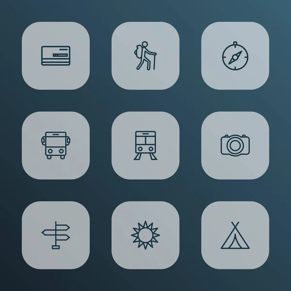 Resor ikoner linjeformat set med resenären, kapell, auto och andra spårvagn element. Isolerade illustration resor ikoner. — Stockfoto