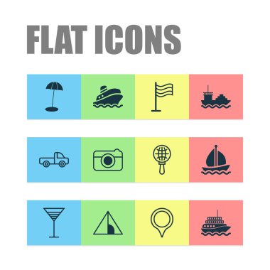 Aperatif ile ayarla turizm simgeler yelken gemi, PIN ve diğer sokak öğeleri. İzole vektör çizim turizm simgeler.