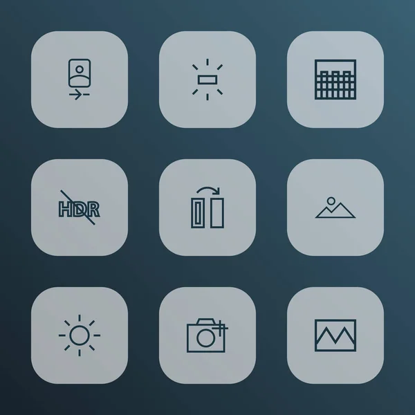 Набор иконок в стиле линии изображения с добавлением фото, камеры спереди, яркости и других сломанных элементов изображения. Изолированные векторные иконки . — стоковый вектор