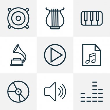 Multimedya simgeler stil ses düzeyi, ekolayzer, anahtarları ve diğer fonograf öğeleri kümesi satır. İzole vektör çizim Multimedya simgeler.