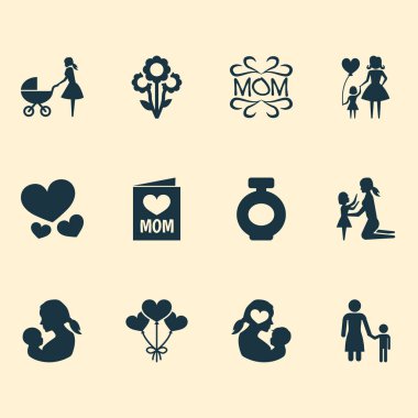 Anneler günü simgesi tasarım konsepti. Mam, kalp ve çocuk 12 gibi öğeleri kümesi. Tasarım, çiçek ve kızım için güzel sembolleri.