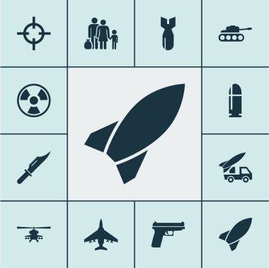 Kesici, silah, panzer ve diğer roket öğeleri ile mücadele Icons set. İzole vektör çizim mücadele simgeler.