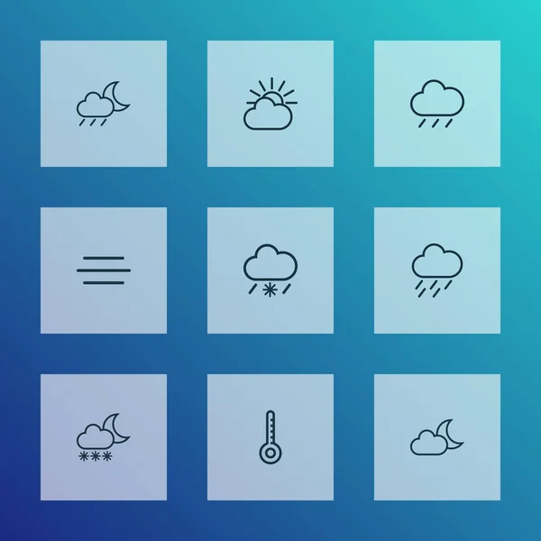 Klimatet ikoner linje stil set med temperatur, snöfall, snöiga regnar och andra natt element. Isolerade vektor illustration klimat ikoner. — Stock vektor