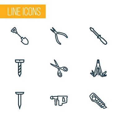Handtools simgeler stil ile cıvata, pense, dönüş-vida ve diğer pense öğeleri yuvarlak yuvarlak kümesi satır. İzole vektör çizim handtools simgeleri.