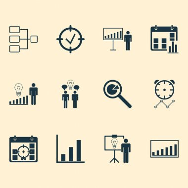 Yönetim Kurulu Icons set ile proje hedefleri, ortak çalışma, proje sunum ve diğer sistem yapısı öğeleri ile. İzole vektör çizim kurulu simgeler.