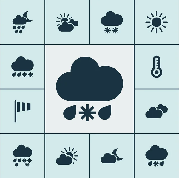 Погодные иконки с закатом, лунным светом, снегопадом и другими, в основном, облачными элементами. Изолированные векторные иконки погоды . — стоковый вектор