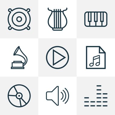 Müzik simgeleri stil ses düzeyi, ekolayzer, anahtarları ve diğer fonograf öğeleri kümesi satır. İzole illüstrasyon müzik simgeleri.