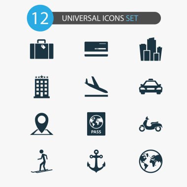 Simgeler seyahat mastercard, slalom, sertifika ve diğer scooter öğeleri ile ayarlayın. İzole illüstrasyon simgeler seyahat.