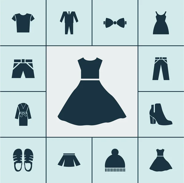 Ubranie ikony Ustaw z Letnia sukienka, suknia wieczorowa, Spodnie i inne elementy wieczorowej sukni. Ilustracja na białym tle odzież ikony. — Zdjęcie stockowe