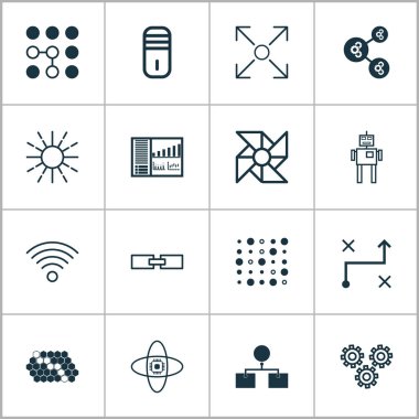 Simgeler öğrenme ile çözümleme diyagramı, hafiflik modu, bilgisayar sorunları ve diğer mekanizma parçaları öğeleri ayarlayın. Simgeler öğrenme izole vektör çizim.