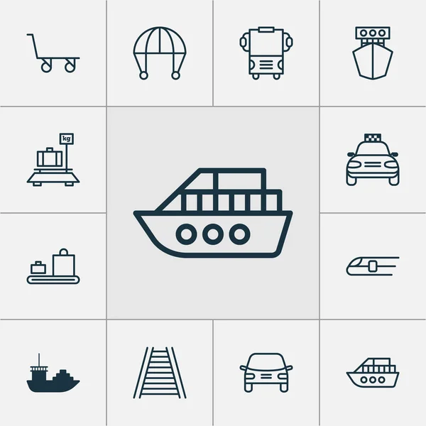Vehicle icons set with cargo cart, ship, tanker and other baggage carousel elements. Isolated vector illustration vehicle icons.