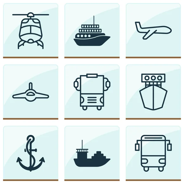 Транспортные иконки с круизными, студенческими, танкерными и другими элементами самолета. Изолированные векторные иконки транспортировки . — стоковый вектор