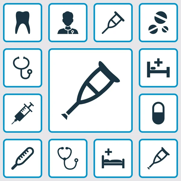 Icônes de médecine réglées avec des éléments d'examen d'injection, de stand, de transitoire. Illustration vectorielle isolée icônes médecine . — Image vectorielle