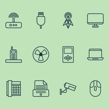 Donanım simgeleri oyuncu, vantilatör, gözetim ve diğer evrensel seri veri yolu öğeleri ile ayarlayın. İzole vektör çizim donanım simgeleri.