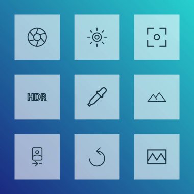 Fotoğraf simge stil Merkezi odak, çekim, filtre ve diğer kırık görüntü öğeleri kümesi satır. İzole vektör çizim fotoğraf simgeler.