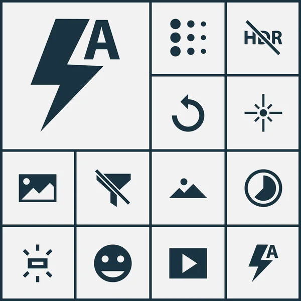 Le icone dell'immagine impostate con luminosità, senza filtro, multimediale e altri elementi ruotano a sinistra. Isolate icone immagine vettoriale illustrazione . — Vettoriale Stock