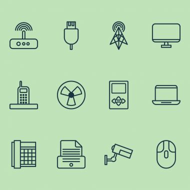 Gadget'ı simgeler oyuncu, vantilatör, gözetim ve diğer evrensel seri veri yolu öğeleri ile ayarlayın. İzole illüstrasyon gadget simgeler.