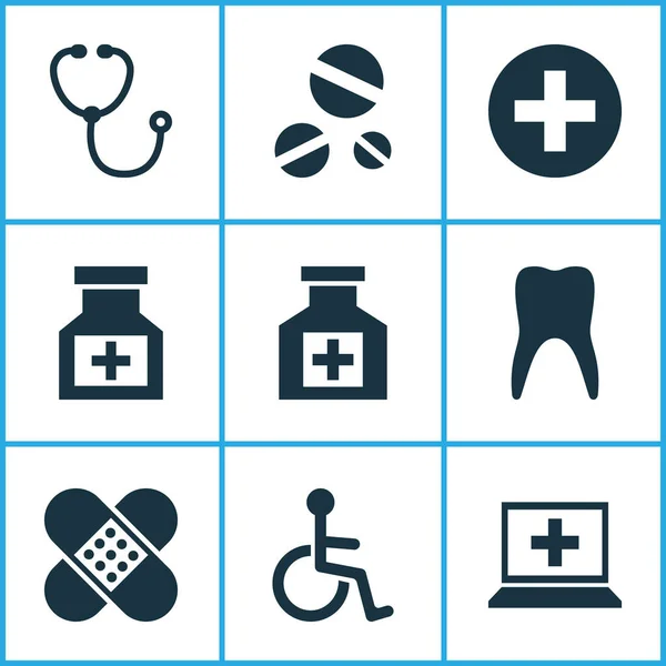 Geneeskunde pictogrammen instellen met pijnstiller, drugs, plus en andere elementen te genezen. Geïsoleerde illustratie geneeskunde pictogrammen. — Stockfoto