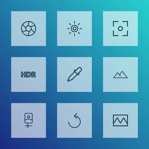 图像图标线样式集中心焦点、快门、滤镜等破碎图像元素。独立插图图像图标. — 图库照片
