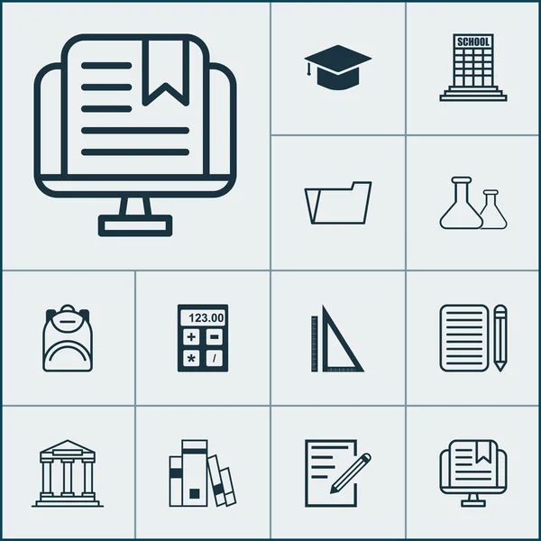 Bildungs-Symbole mit Heimarbeit, elektronischem Werkzeug, Graduierung und anderen College-Elementen. Bildungsikonen isoliert. — Stockfoto