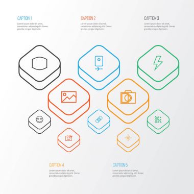 Resim simge stil geniş açı, etiket yüz, tek renkli ve diğer parlama öğeleri kümesi satır. İzole vektör çizim görüntü simgeler.