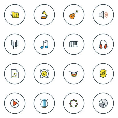 Multimedya simgeler renkli çizgi oyun, gramofon, varil ve diğer hoparlörler ile öğeleri ayarlayın. İzole vektör çizim Multimedya simgeler.