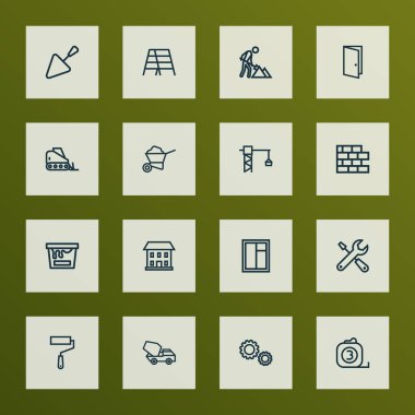 Sanayi simgeleri stil inşaat işleri ile kümesi satır, renk olabilir, el arabası ve diğer renk öğeleri olabilir. İzole vektör çizim sanayi simgeleri.
