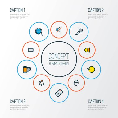 Multimedya simgeler renkli çizgi denetleyicisi, geri, boş akü ve diğer fotoğraf ile öğeleri ayarlayın. İzole vektör çizim Multimedya simgeler.