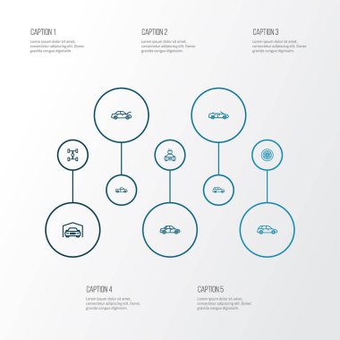 Otomatik simgeler stil sedan, karkas, araba ve diğer tekerlek öğeleri kümesi satır. İzole vektör çizim otomatik simgeler.