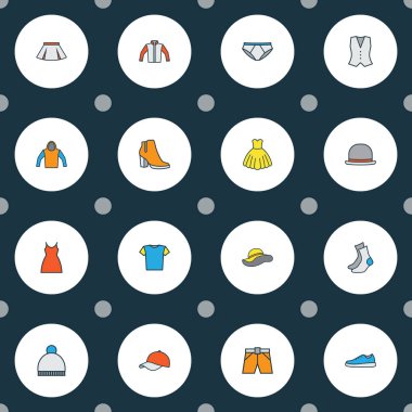 Simgeler renkli çizgi bere, gece elbisesi, yelek ve diğer külot öğeleri ile ayarla elbise. İzole illüstrasyon elbise simgeler.